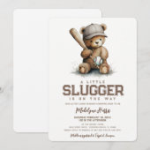 Little Slugger Neutral Teddy Baseball Baby Shower 招待状 (正面/裏面)