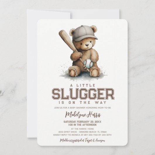 Little Slugger Neutral Teddy Baseball Baby Shower 招待状 (正面)