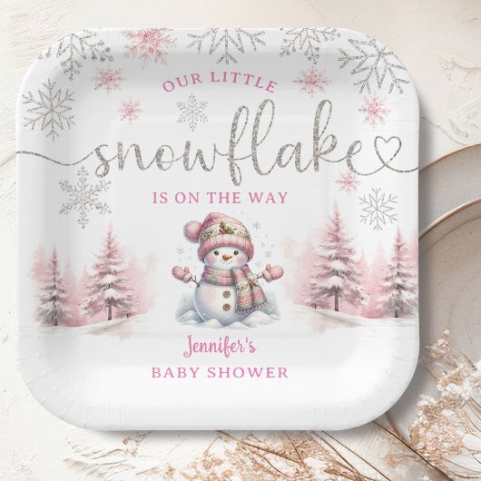 Little Snowflake Baby Shower Girl Pink Paper ペーパープレート