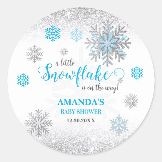 Little Snowflake Blue Silver Glittery Baby Shower  ラウンドシール (正面)