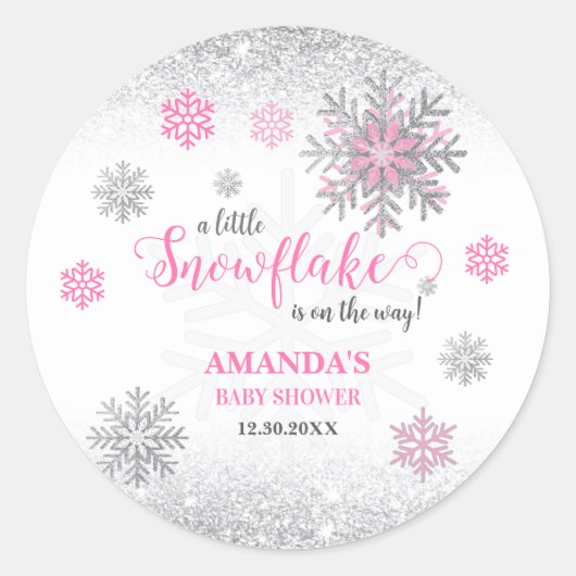 Little Snowflake Pink Silver Glittery Baby Shower  ラウンドシール (正面)
