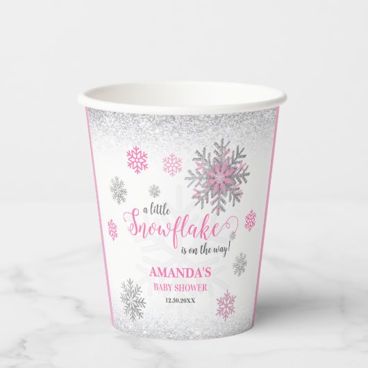 Little Snowflake Pink Silver Glittery Baby Shower  紙コップ (正面)