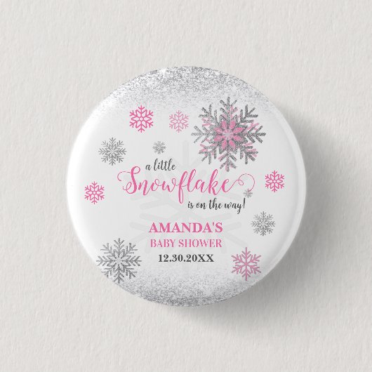 Little Snowflake Pink Silver Glittery Baby Shower  缶バッジ (正面)