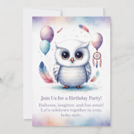 Little Snowy Owl Birthday Invitation Boho  招待状