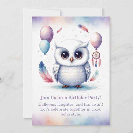 Little Snowy Owl Birthday Invitation Boho 招待状 (正面)