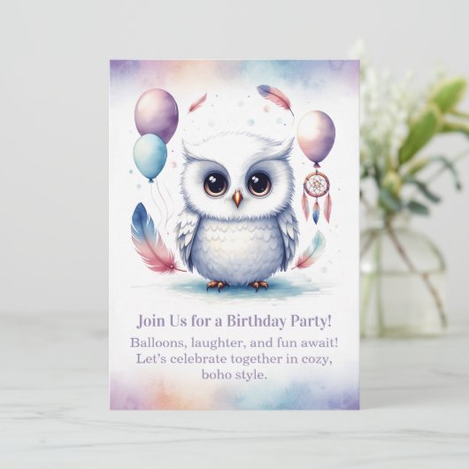 Little Snowy Owl Birthday Invitation Boho 招待状 (スタンド正面)