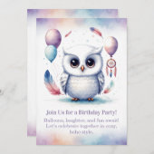 Little Snowy Owl Birthday Invitation Boho 招待状 (正面/裏面)