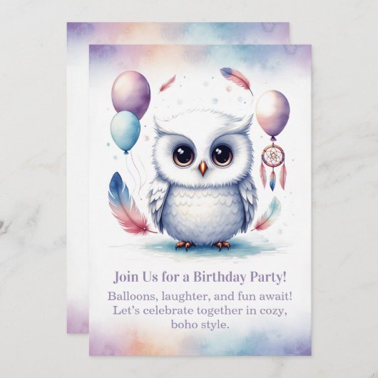 Little Snowy Owl Birthday Invitation Boho 招待状 (正面/裏面)
