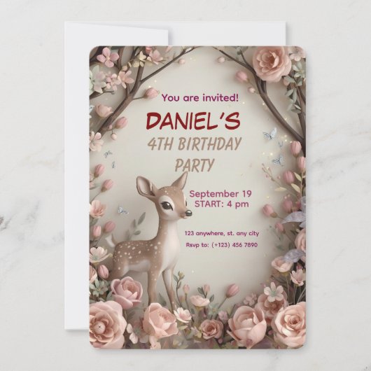 Little Spotted Deer Woodland Birthday Invitation – 招待状 (正面)