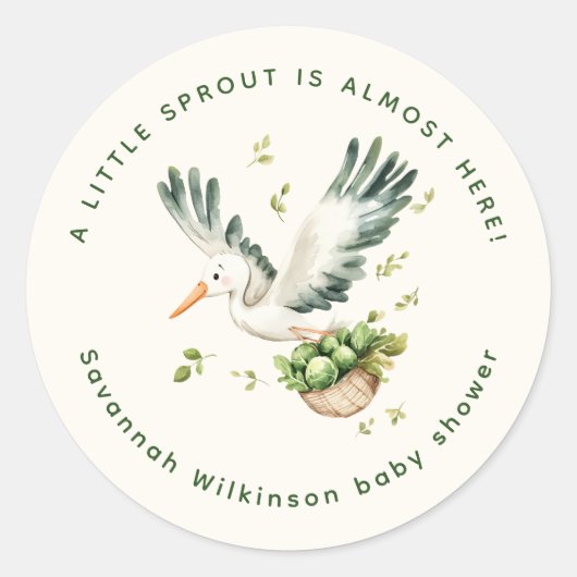 Little Sprout Baby Shower Stork Sticker ラウンドシール (正面)