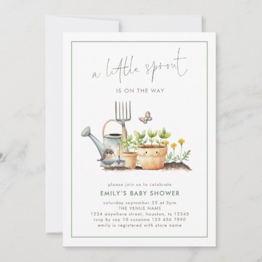 Little Sprout Border Sage Gingham Baby Shower  招待状 (正面)