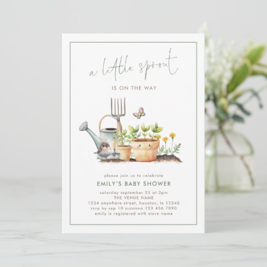 Little Sprout Border Sage Gingham Baby Shower 招待状 (スタンド正面)