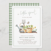 Little Sprout Border Sage Gingham Baby Shower  招待状 (正面/裏面)