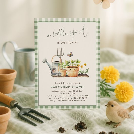 Little Sprout Green Gingham Garden Baby Shower  招待状