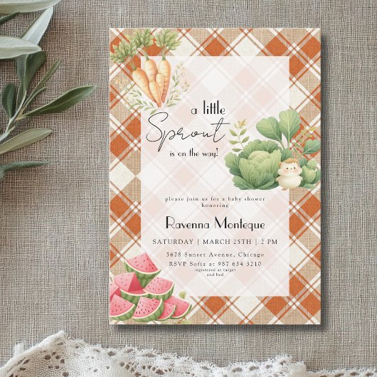 Little Sprout Purple Gingham Veggie Baby Shower 招待状