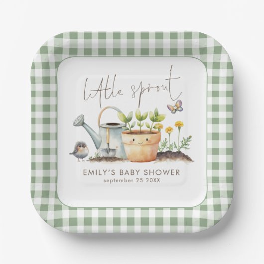 Little Sprout Sage Gingham Garden Baby Shower  ペーパープレート (正面)