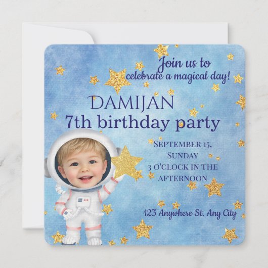Little Star Astronaut Birthday Party Invitation 招待状 (正面)