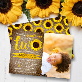 Little Sunflower 素朴 Burlap 2nd Birthday写真 招待状