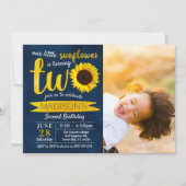 Little Sunflower Navy Blue 2nd Birthday写真 招待状 (正面)