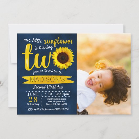 Little Sunflower Navy Blue 2nd Birthday写真 招待状 (正面)