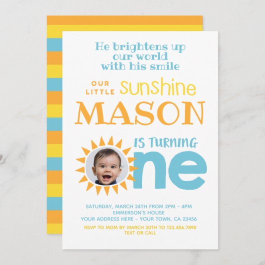 Little Sunshine 1st Birthday with Photo 招待状 (正面/裏面)