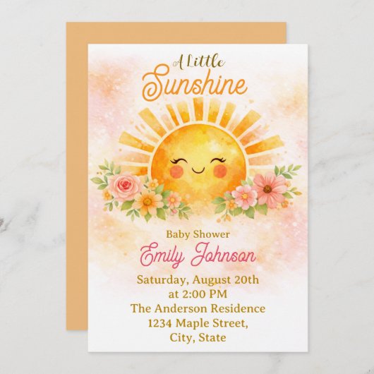 Little Sunshine Baby Girl Shower 招待状 (正面/裏面)