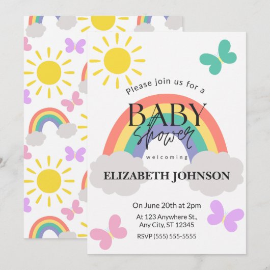 Little Sunshine & Rainbows Baby Shower Invitation 招待状 (正面/裏面)
