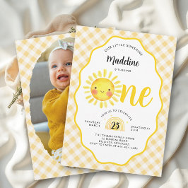 Little Sunshine Sun Yellow Gingham 1st Birthday 招待状