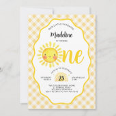 Little Sunshine Sun Yellow Gingham 1st Birthday 招待状 (正面)