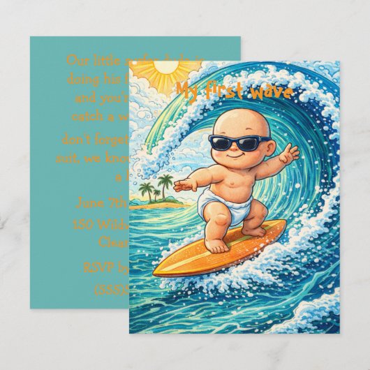 Little Surfer Dude Party Digital Download  招待状 (正面/裏面)