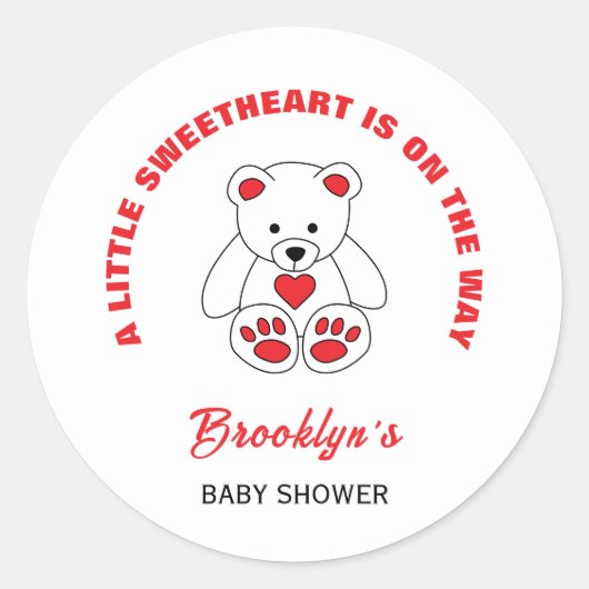 Little Sweetheart赤ちゃんシャワー赤い白テディベア ラウンドシール (正面)