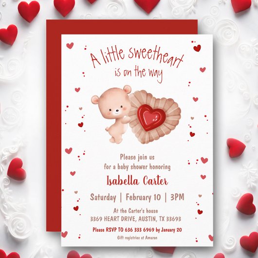 Little Sweetheart Bear Red Valentines Baby Shower 招待状