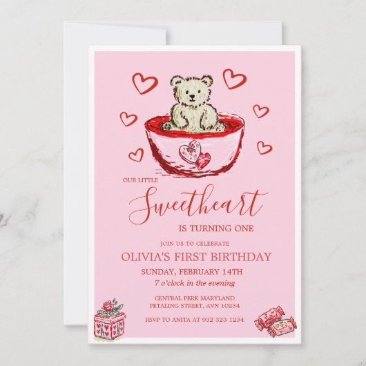 Little Sweetheart Birthday Bear Hearts Invitation 招待状 (正面)