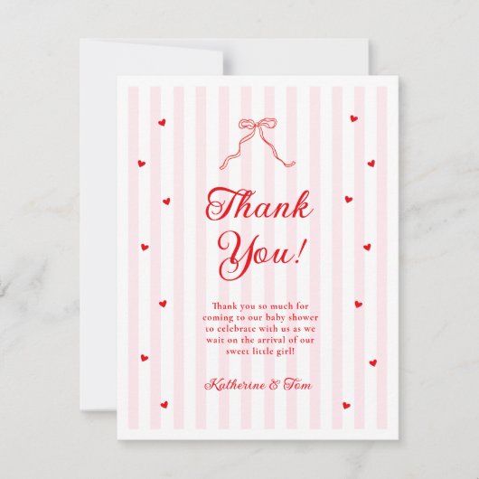 Little Sweetheart Bow Baby Shower サンキューカード (正面)
