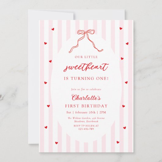 Little Sweetheart Bow First Birthday Invitation 招待状 (正面)