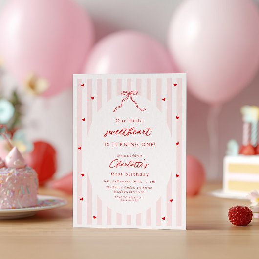 Little Sweetheart Bow First Birthday Invitation 招待状