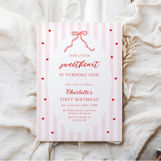Little Sweetheart Bow First Birthday Invitation 招待状