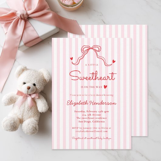 Little Sweetheart Bow Pink Stripe Baby Shower 招待状