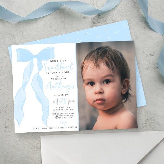 Little Sweetheart Elegant Blue Bow Birthday Photo 招待状