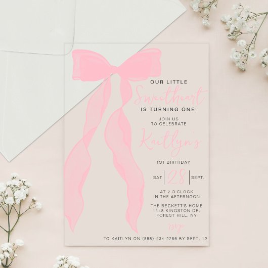 Little Sweetheart Elegant Pink Bow Birthday Party アクリル招待状