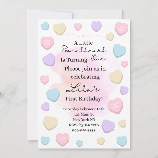 Little Sweetheart First Birthday Party Invitation 招待状 (正面)
