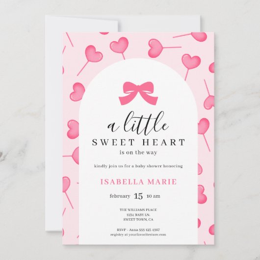 Little Sweetheart Pink Bow Baby Shower 招待状 (正面)