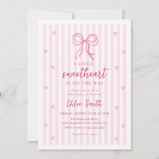 Little Sweetheart Pink Bow Baby Shower Invitation 招待状 (正面)