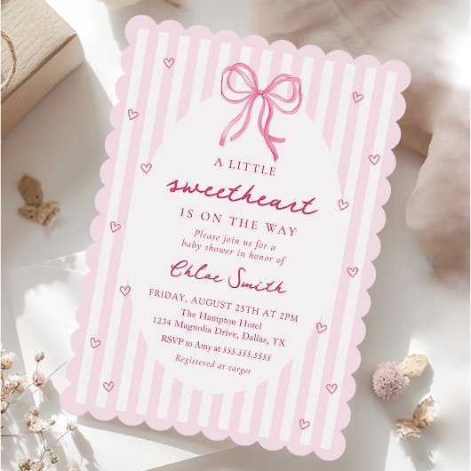Little Sweetheart Pink Bow Baby Shower Invitation 招待状