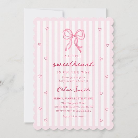 Little Sweetheart Pink Bow Baby Shower Invitation 招待状 (正面)
