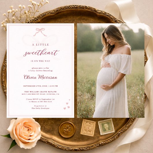 Little Sweetheart Pink Bow Photo Baby Shower 招待状