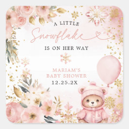 Little Sweetheart Pink Floral Bear Baby Shower スクエアシール