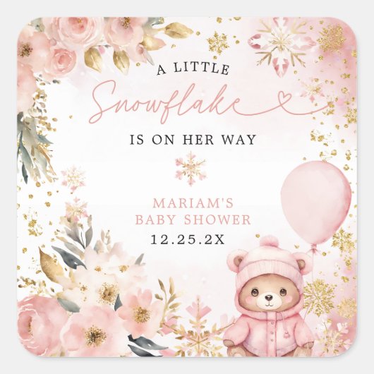 Little Sweetheart Pink Floral Bear Baby Shower  スクエアシール (正面)