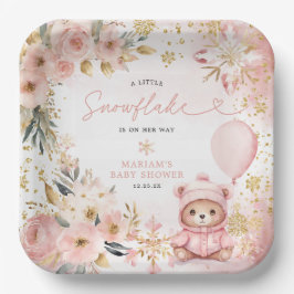 Little Sweetheart Pink Floral Bear Baby Shower ペーパープレート