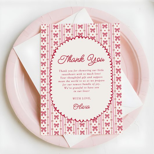 Little Sweetheart Pink Red Bow Baby Shower サンキューカード